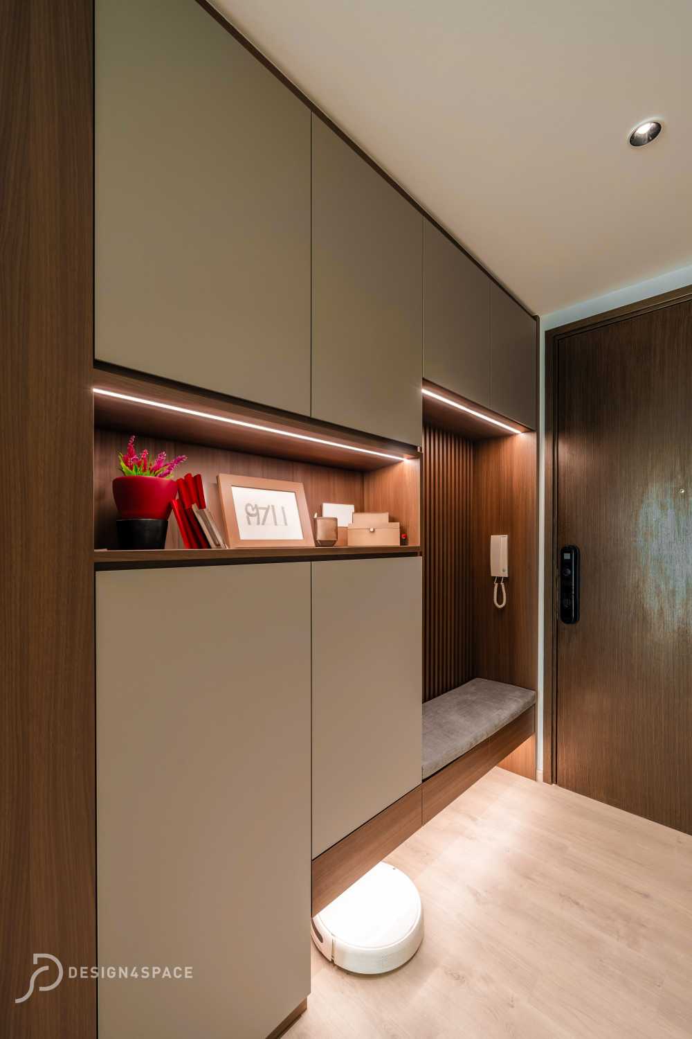 Modern Entryway with Seating Bench and Shoe Cabinets