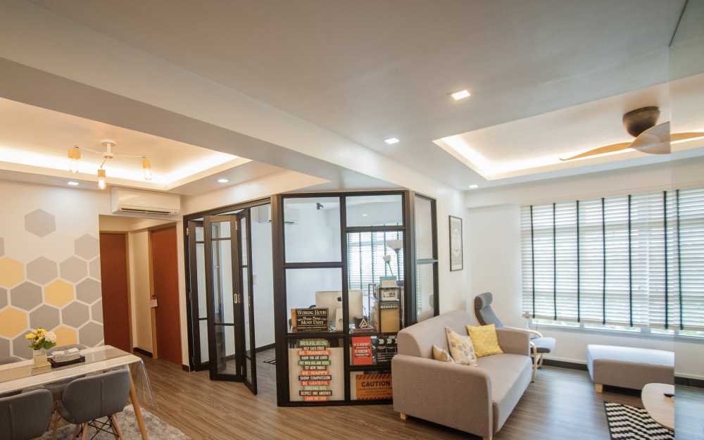 Scandinavian Living Room with Cove Lighting and Drop Ceiling