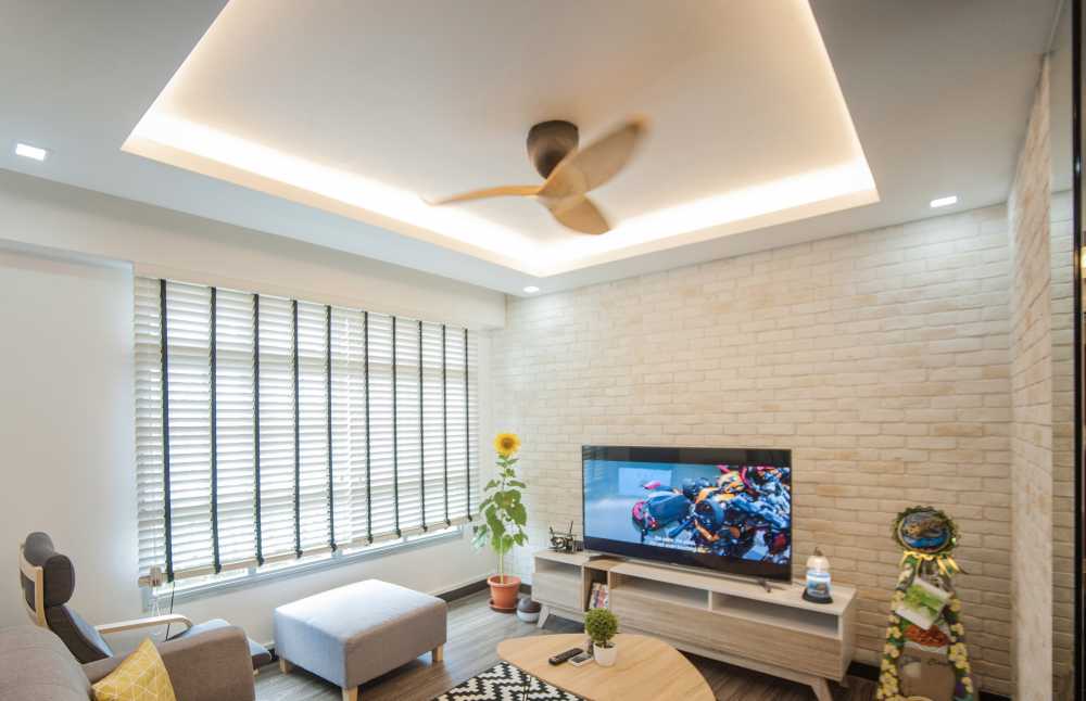 Scandinavian Living Room with Feature Wall and Drop Ceiling