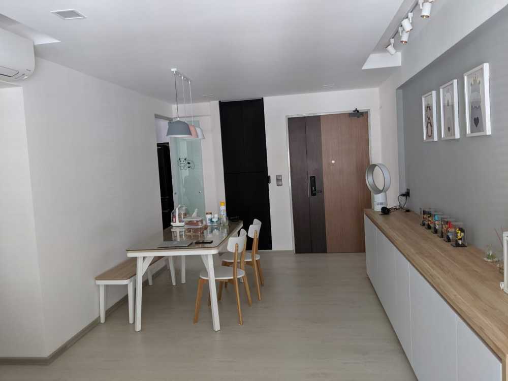 Scandinavian Dining Room with Drop Ceiling and Chandelier