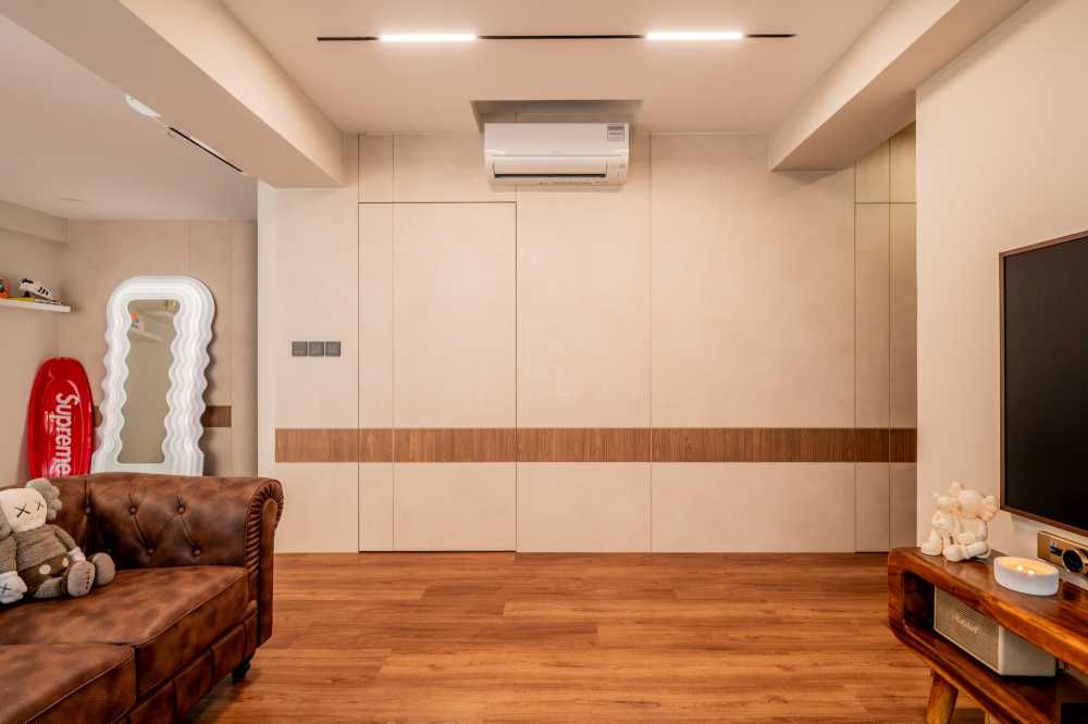 Modern Living Room with Wood Flooring and Feature Wall