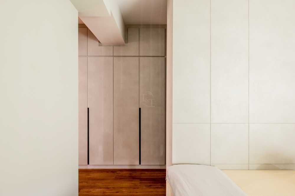 Modern Bedroom with Wood Flooring and Drop Light