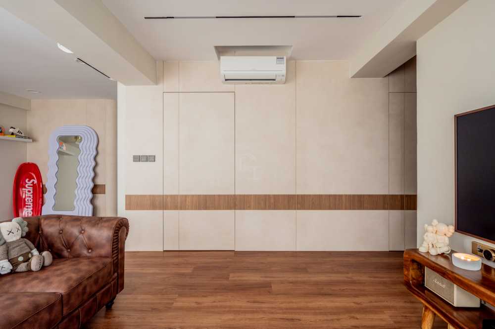 Modern Living Room with Wood Flooring and Feature Wall