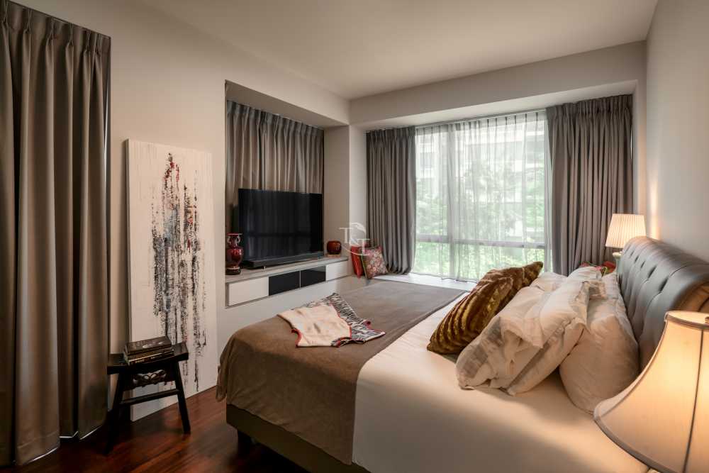 Modern Bedroom with Wood Flooring and Bay Window