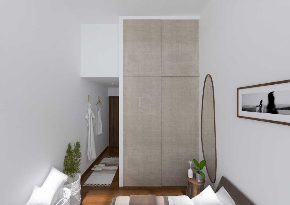 Modern Bedroom with Wood Flooring and Ceiling Light