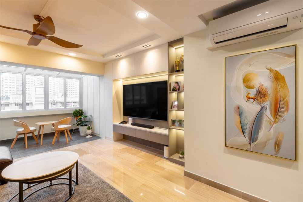 Modern Living Room with Homogeneous Tiles and TV Console