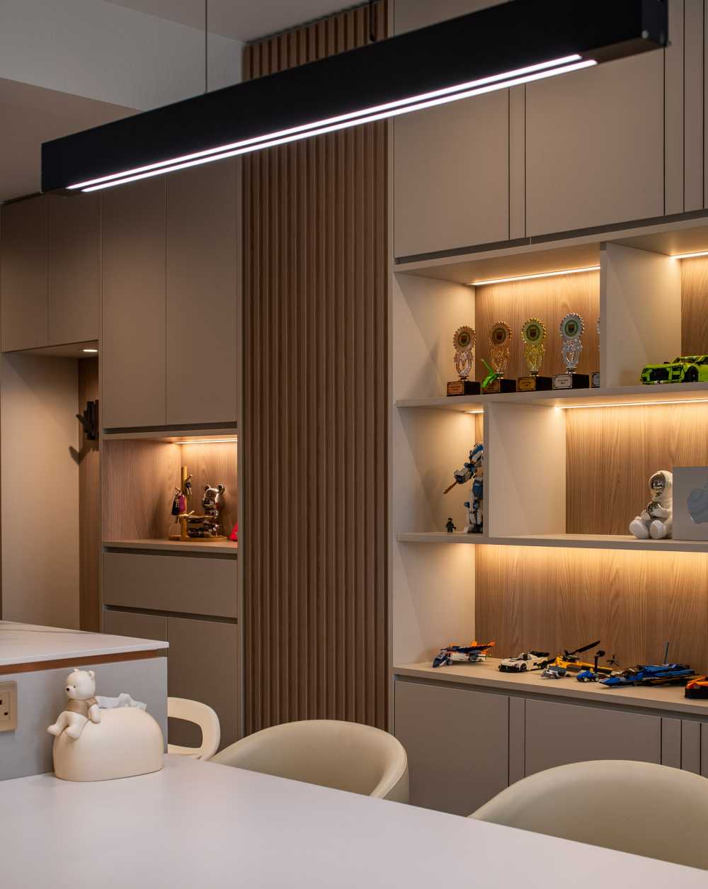 Contemporary Living Room with Feature Wall and Wood Feature Wall