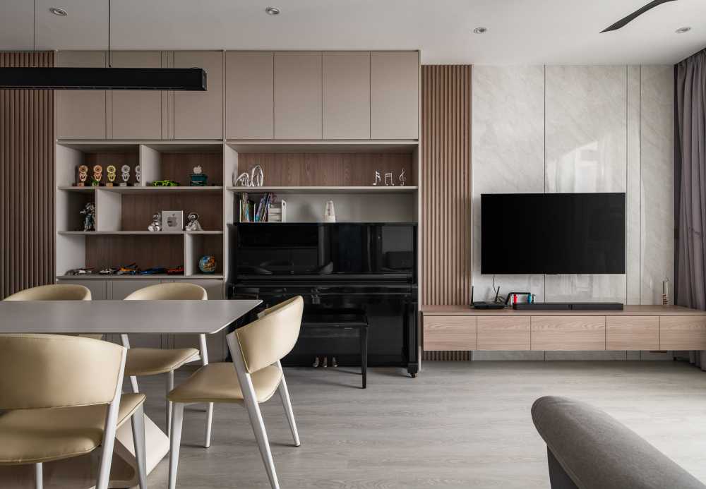 Contemporary Living Room with TV Console and Feature Wall
