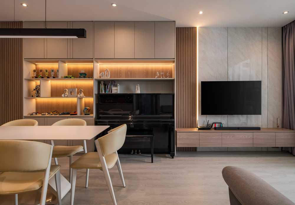 Contemporary Living Room with TV Console and Feature Wall