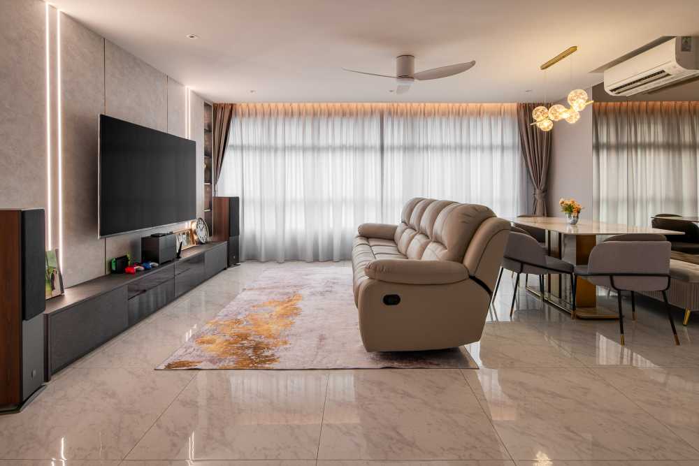 Modern Living Room with Homogeneous Tiles and Feature Wall