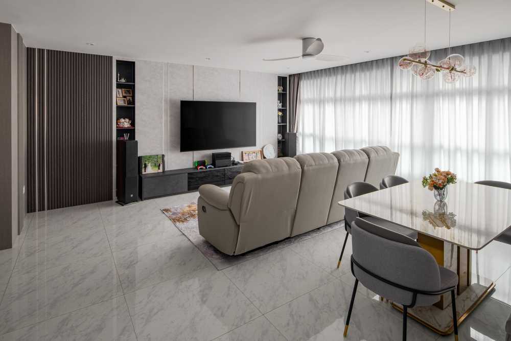 Modern Living Room with Homogeneous Tiles and Display Cabinets