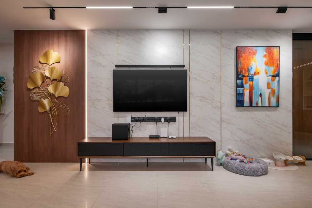 Contemporary Living Room with TV Console and Feature Wall