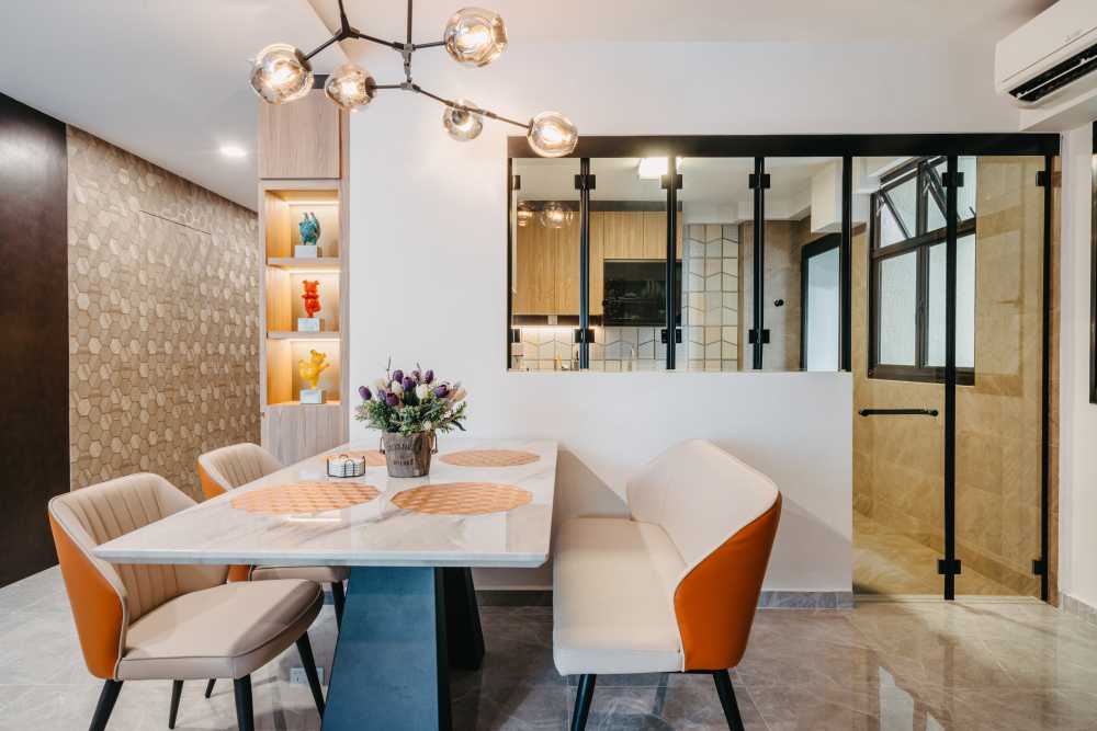 Contemporary Dining Room with Kitchen Window and Glass Door