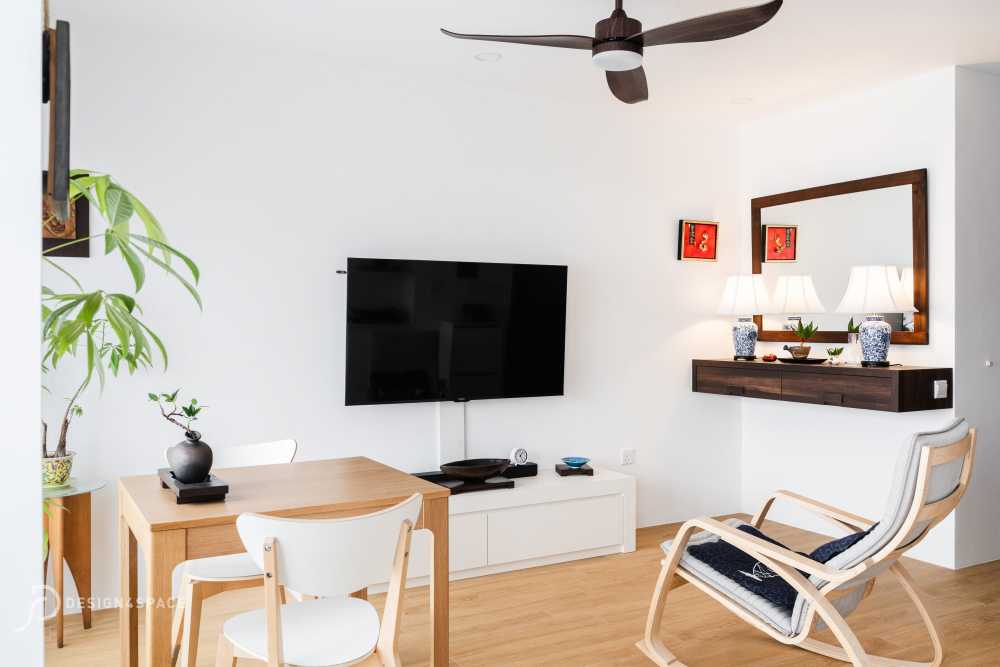 Minimalist Living Room with Bookshelf and Vinyl Flooring