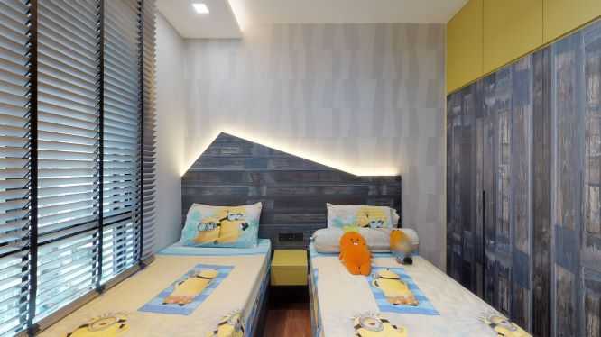 Contemporary Bedroom with Homogeneous Tiles and Wood Flooring