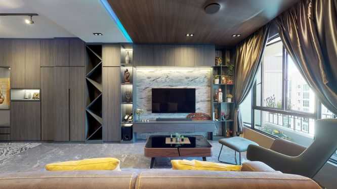 Contemporary Living Room with Homogeneous Tiles and TV Console