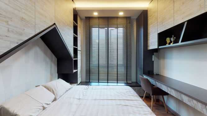 Contemporary Bedroom with Bookshelf and Vinyl Flooring