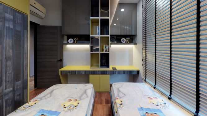 Contemporary Bedroom with Bookshelf and Vinyl Flooring