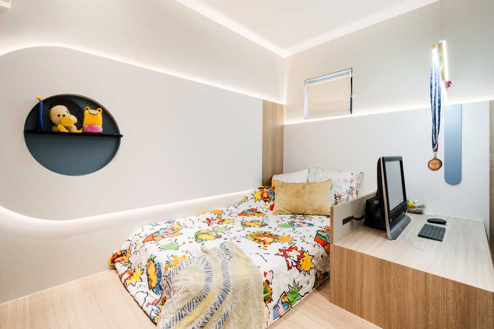 Modern Bedroom with Bedside Table and Children's Beds