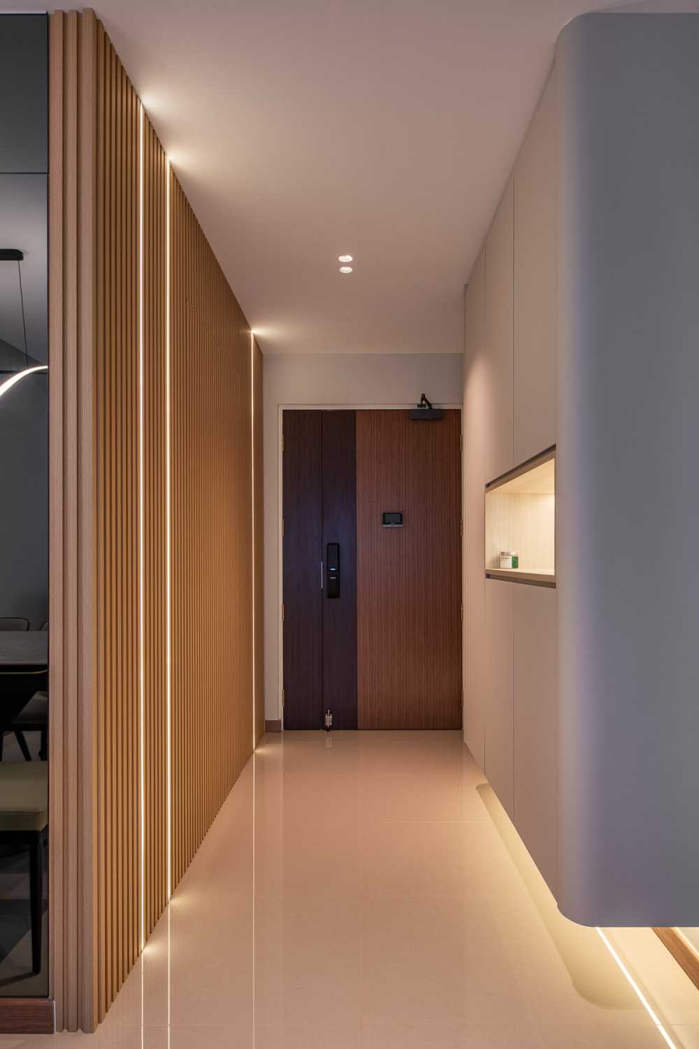 Scandinavian Entryway with Seating Bench and Shoe Cabinets