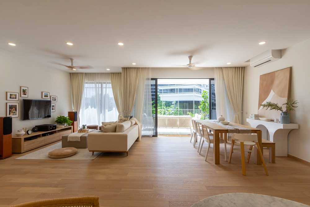 Scandinavian Living Room with Wood Flooring and Feature Wall