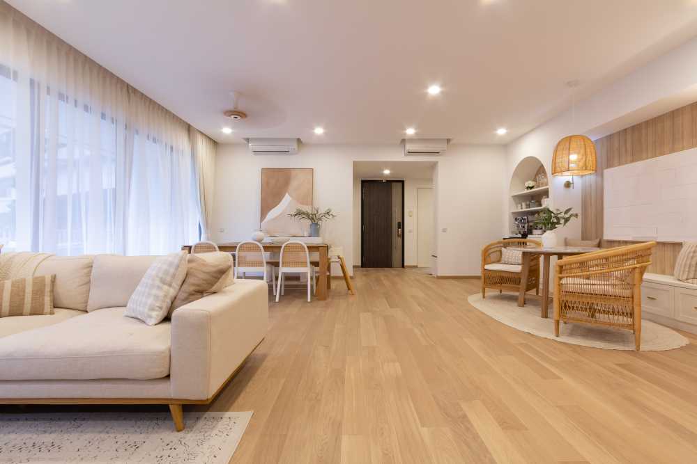Scandinavian Living Room with Drop Ceiling and Side Table