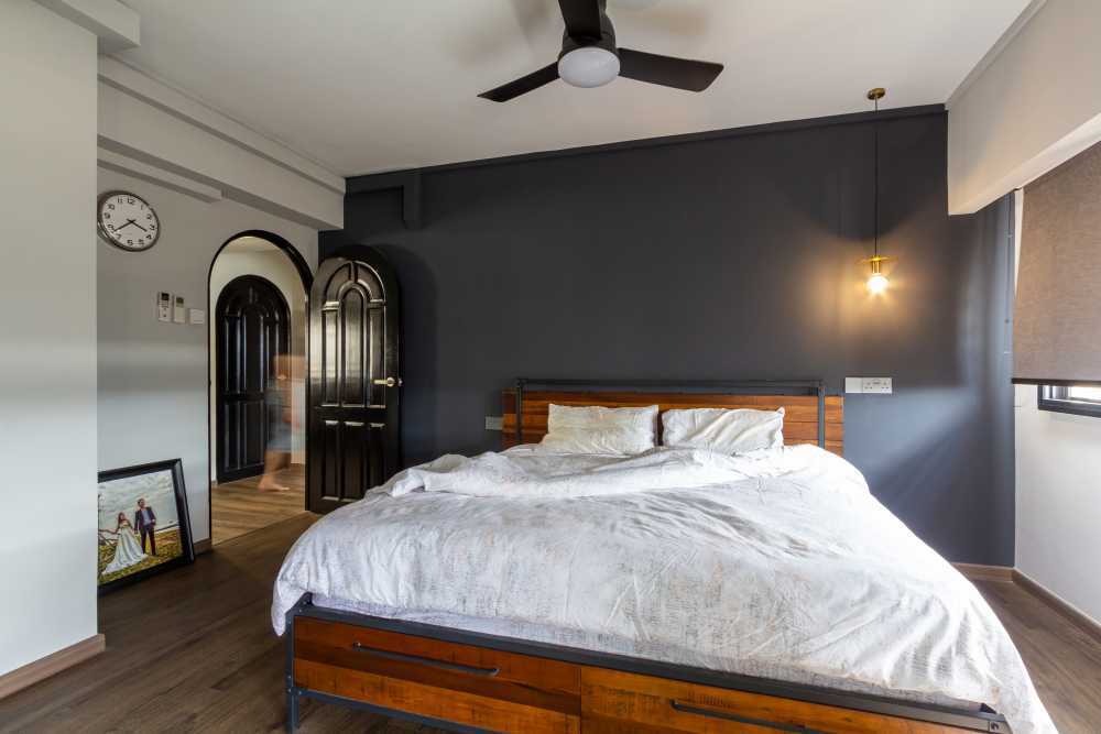 Industrial Bedroom with Bed and Lighting
