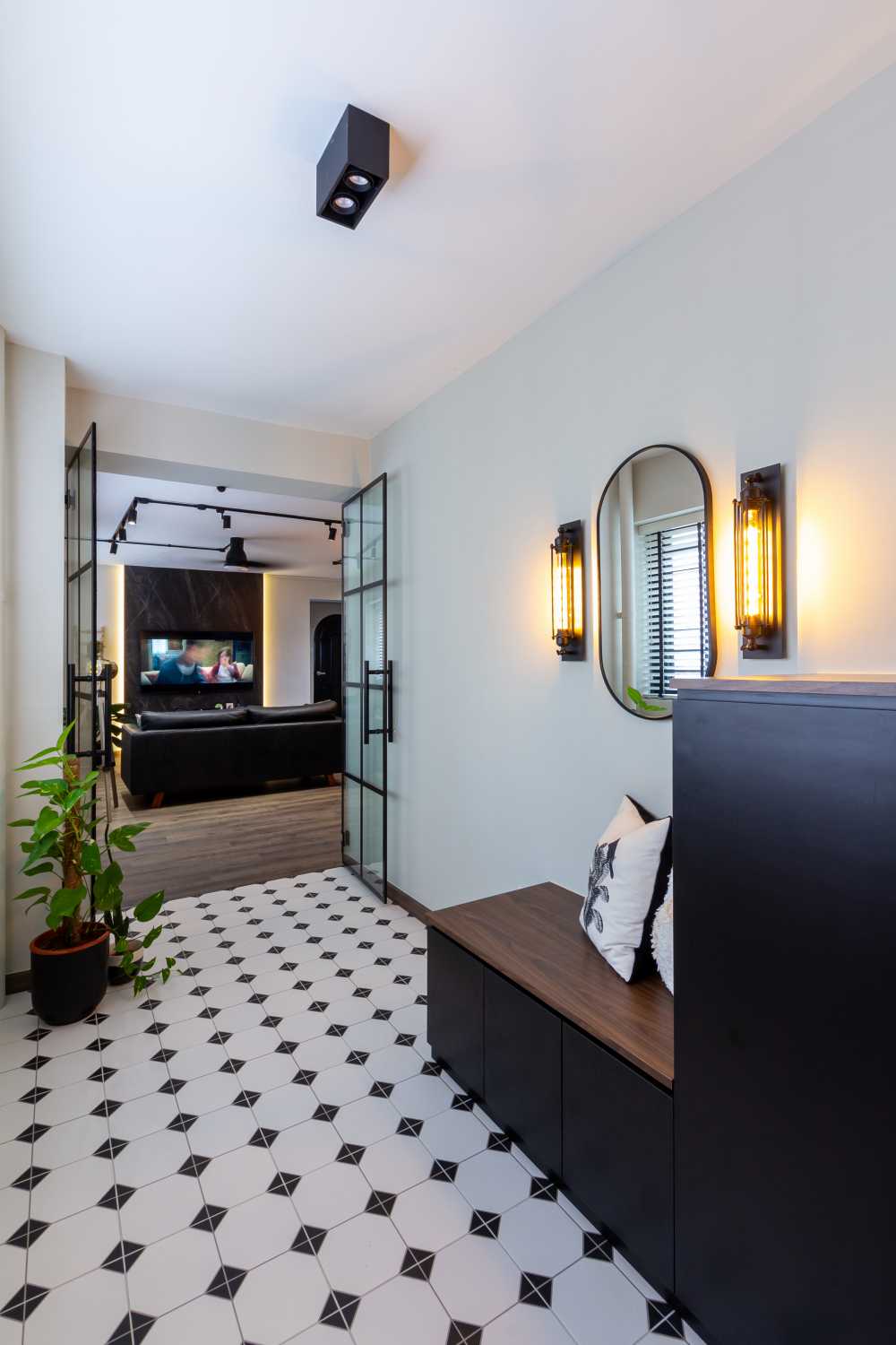 Industrial Entryway with Mirror and Shoe Rack