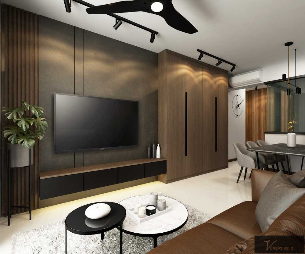 Modern Living Room with Homogeneous Tiles and Feature Wall