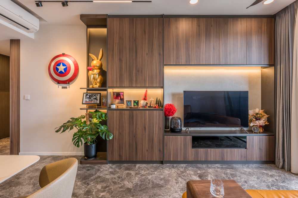 Modern Living Room with TV Console and Ceiling Light