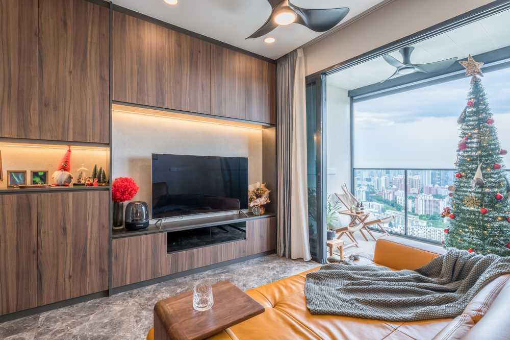 Modern Living Room with TV Console and Drop Light