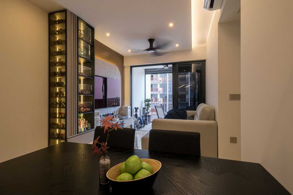 Contemporary Living Room with TV Console and Roller Blinds
