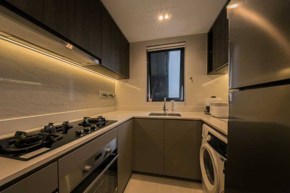 Contemporary Kitchen with Kitchen Window and Cupboard