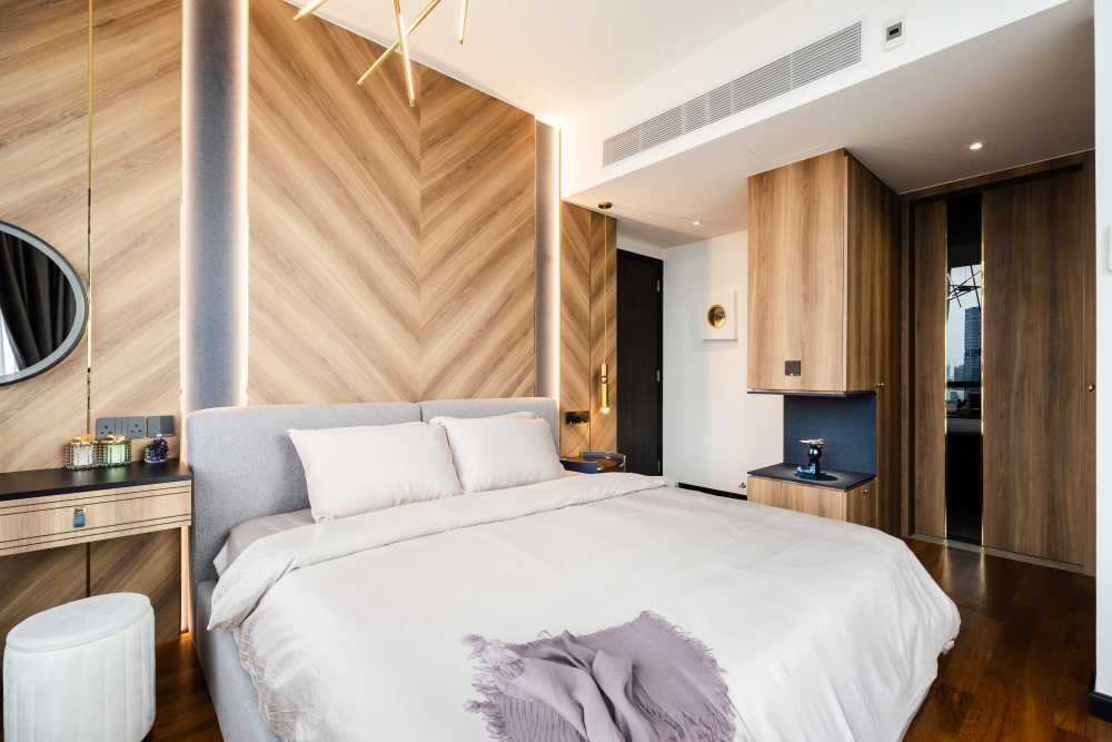 Modern Bedroom with Drop Ceiling and Wardrobe
