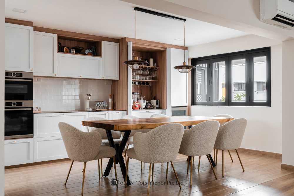Scandinavian Dining Room with Drop Light and Ceiling Light