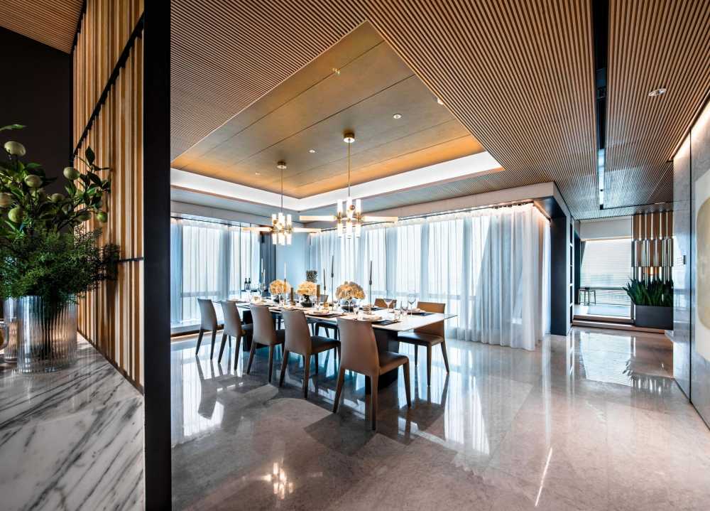 Contemporary Dining Room with Marble Floor and Drop Light