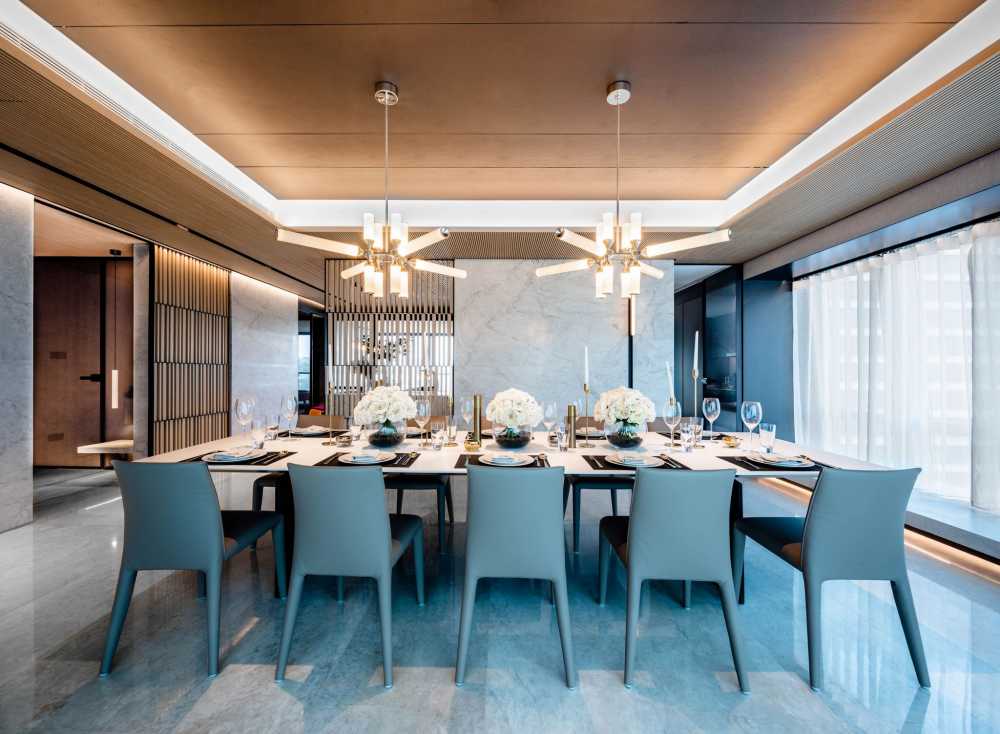 Contemporary Dining Room with Marble Floor and Feature Wall