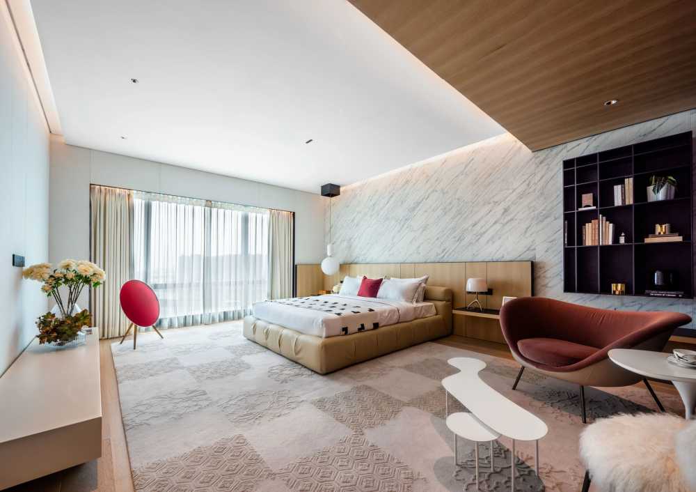 Contemporary Bedroom with Parquet Floor and TV Console