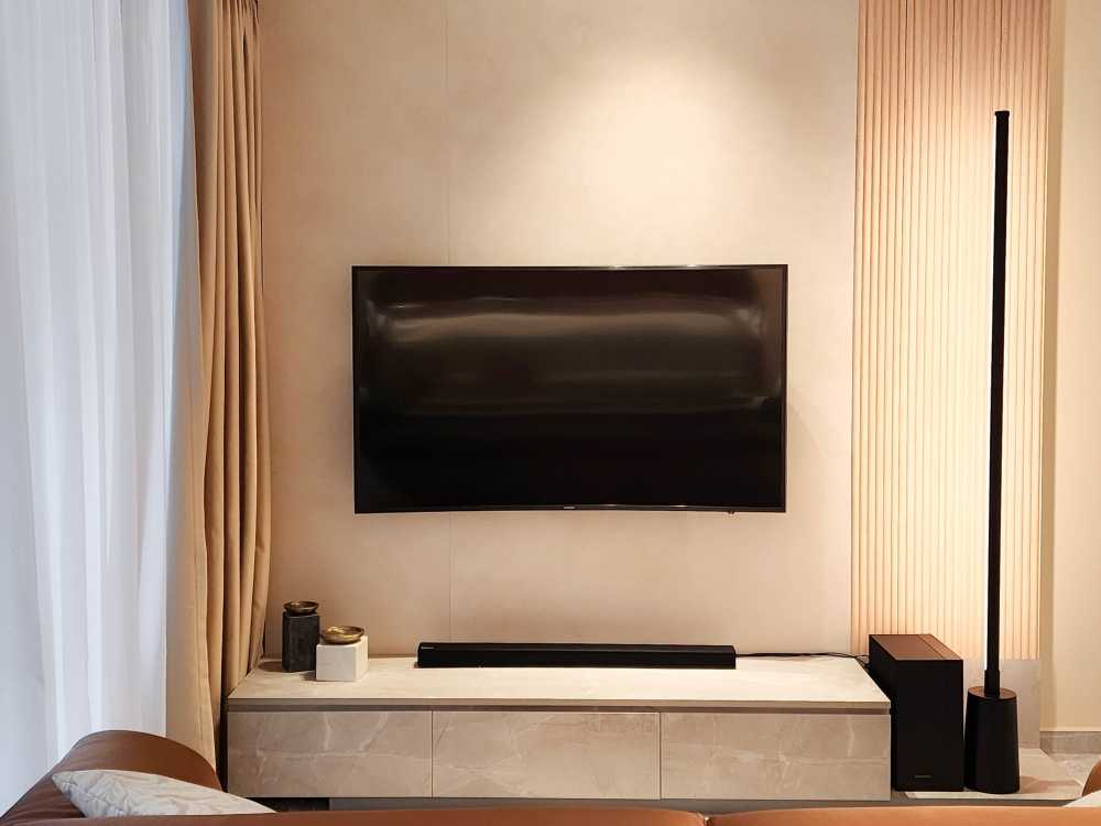Contemporary Living Room with TV Console and Feature Wall