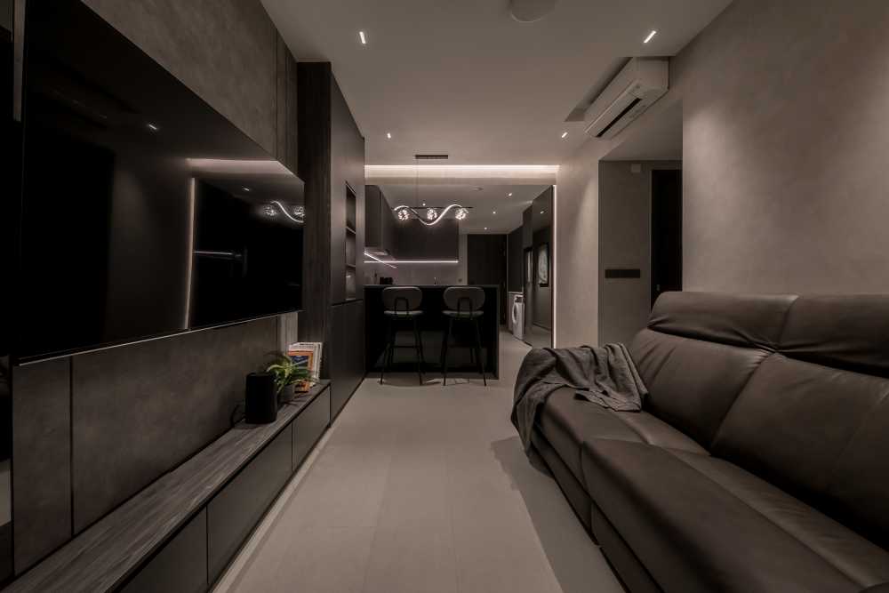 Contemporary Living Room with Homogeneous Tiles and Mirror