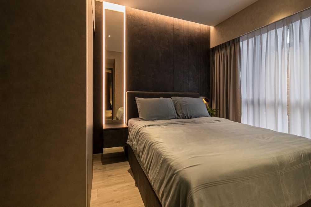 Contemporary Bedroom with Vinyl Flooring and Cove Lighting