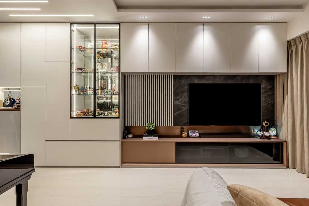 Contemporary Living Room with Homogeneous Tiles and TV Console