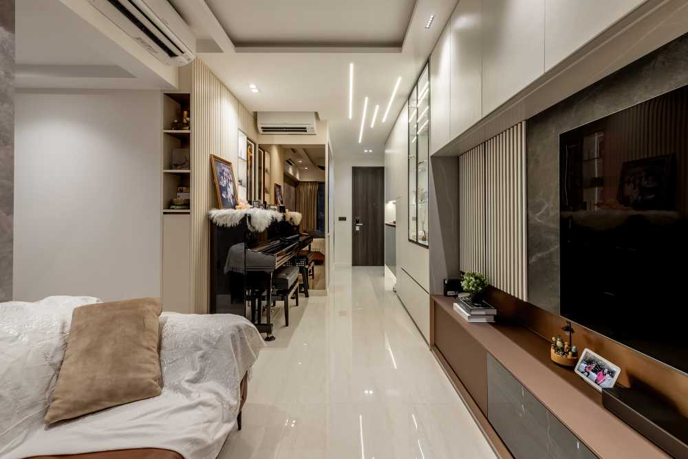 Contemporary Living Room with TV Console and Feature Wall