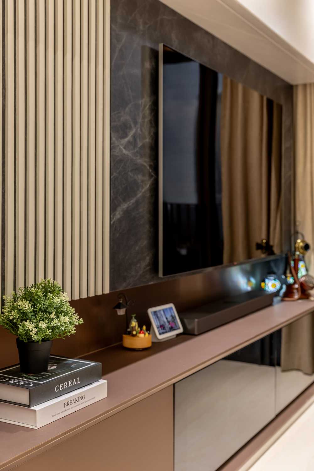 Contemporary Living Room with TV Console and Feature Wall