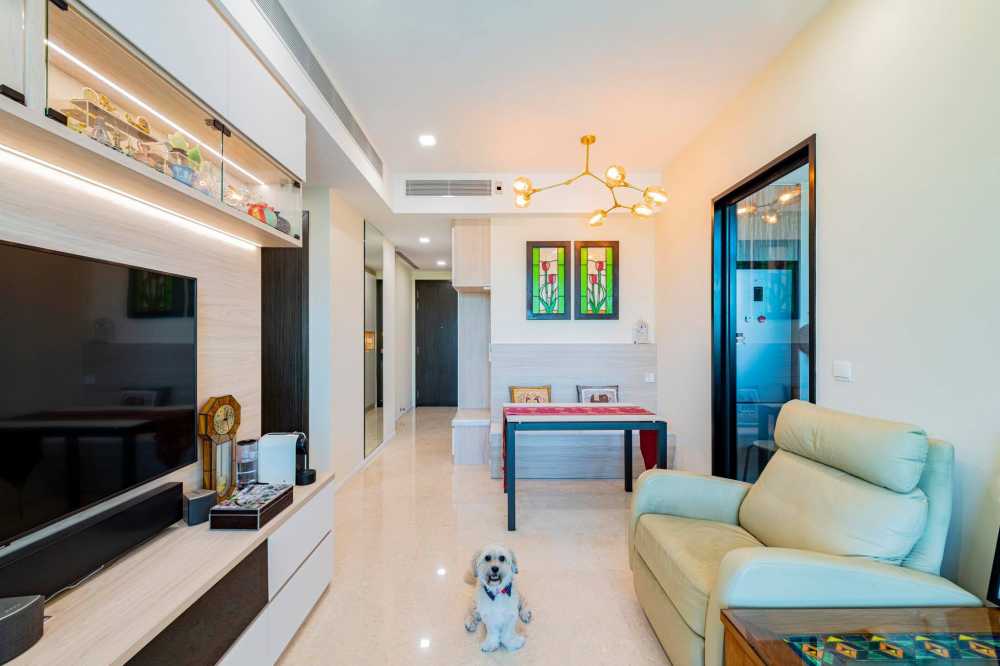 Contemporary Living Room with TV Console and Feature Wall