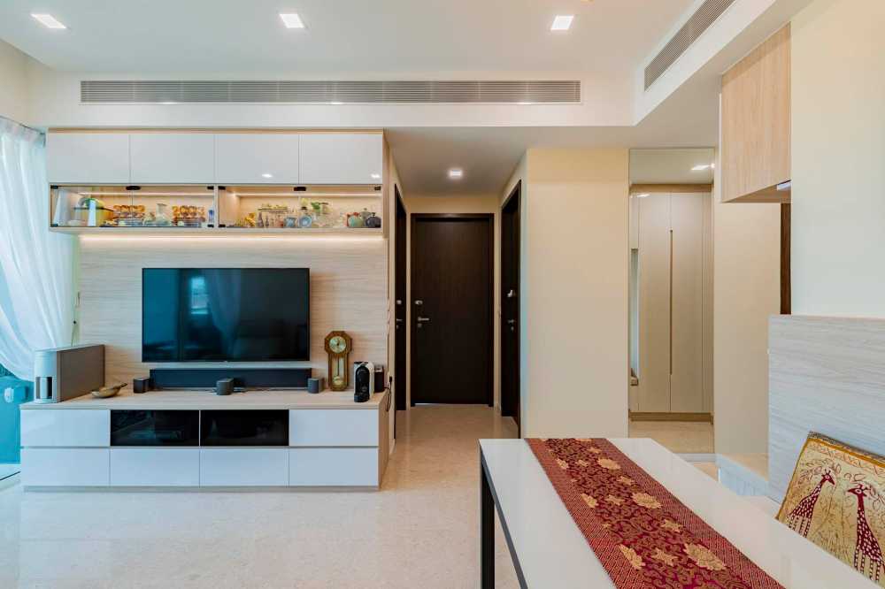 Contemporary Living Room with Cement Floor and Feature Wall