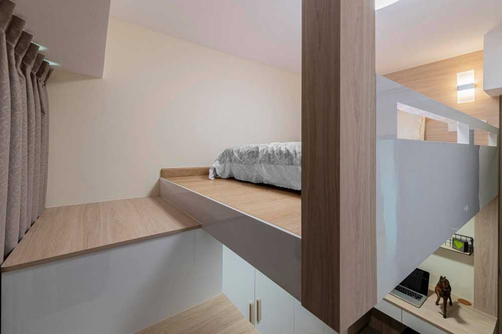 Contemporary Bedroom with Granite Floor and Chandelier