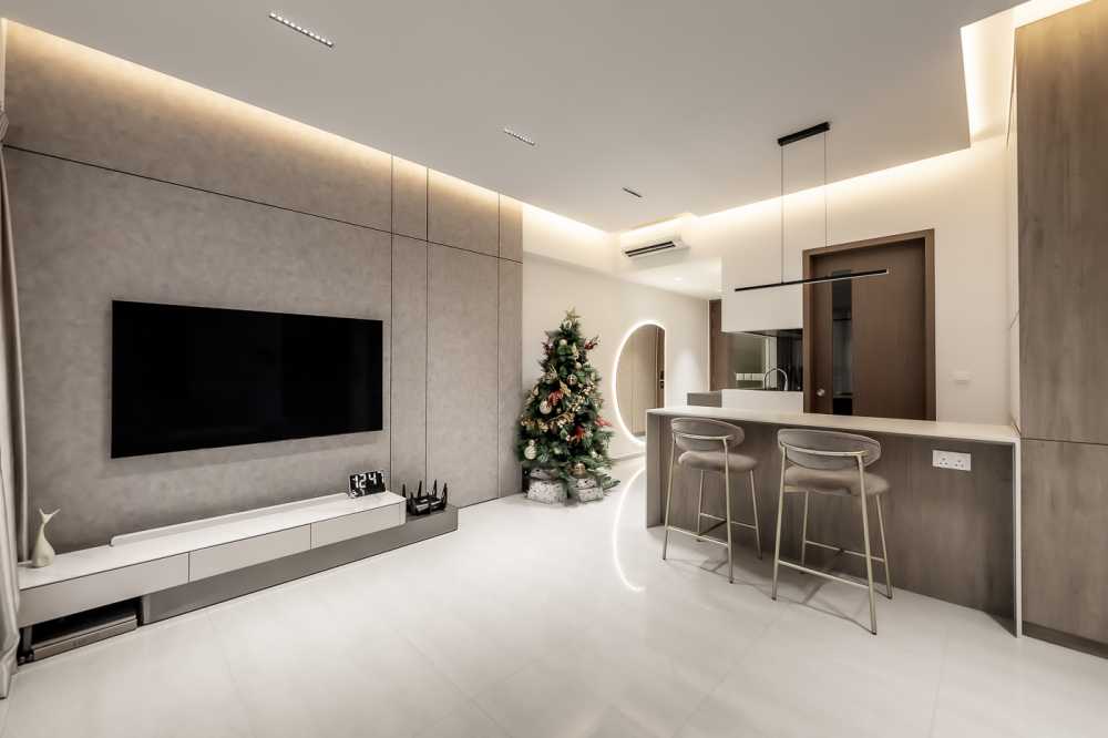 Modern Living Room with Countertop and Homogeneous Tiles