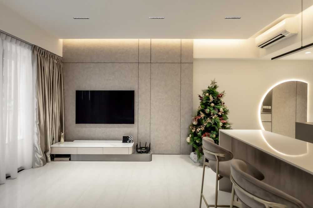 Modern Living Room with Marble Floor and Cove Lighting