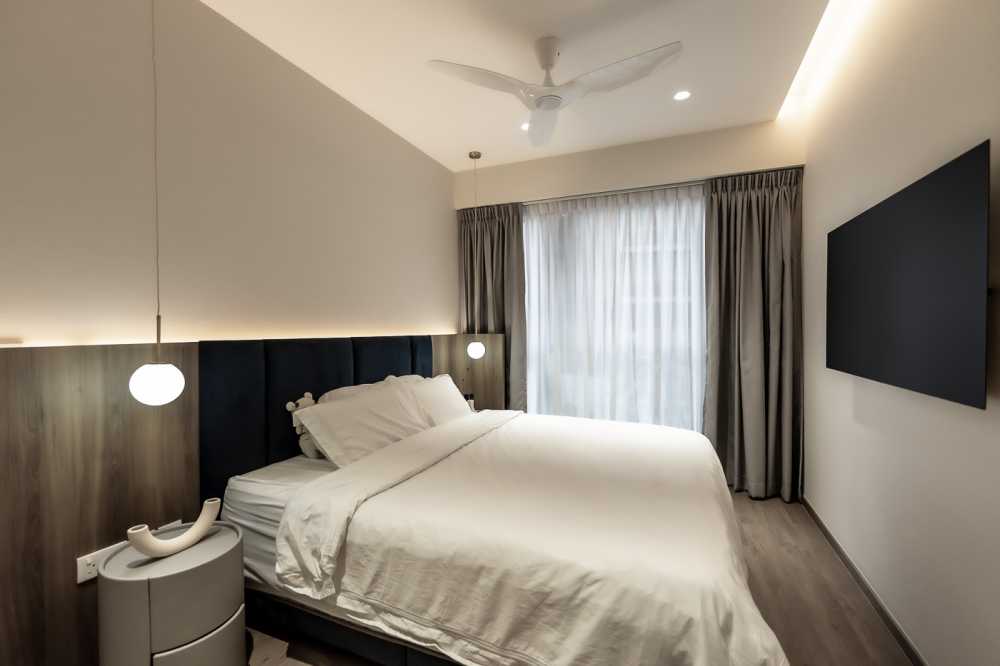 Modern Bedroom with Vinyl Flooring and Feature Wall